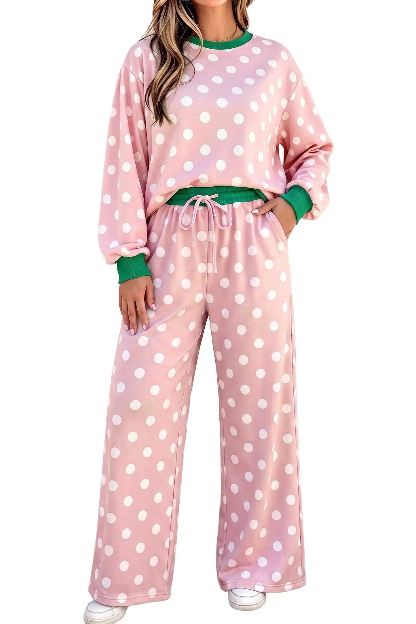Pink Polka Dot Contrast Trim Long Sleeve Top Drawstring Shift Pants Set