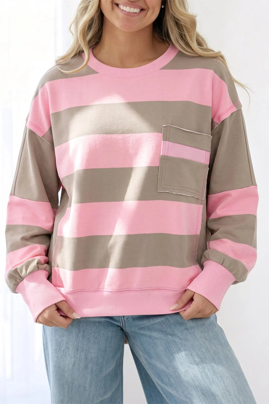 Pink Stripe Raw Seam Patchwork Drop Shoulder Plus Size Sweatshirt model front view · nz-alt-v1