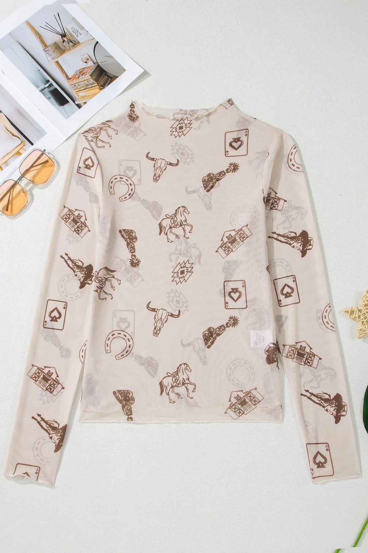 Beige Floral Print Slim Fit Mesh Long Sleeve Mock Neck Top