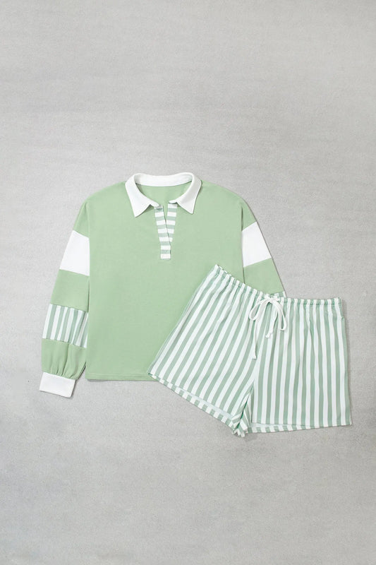 Smoke Green Striped Patchwork V Neck Two Piece Shorts Plus Size Set