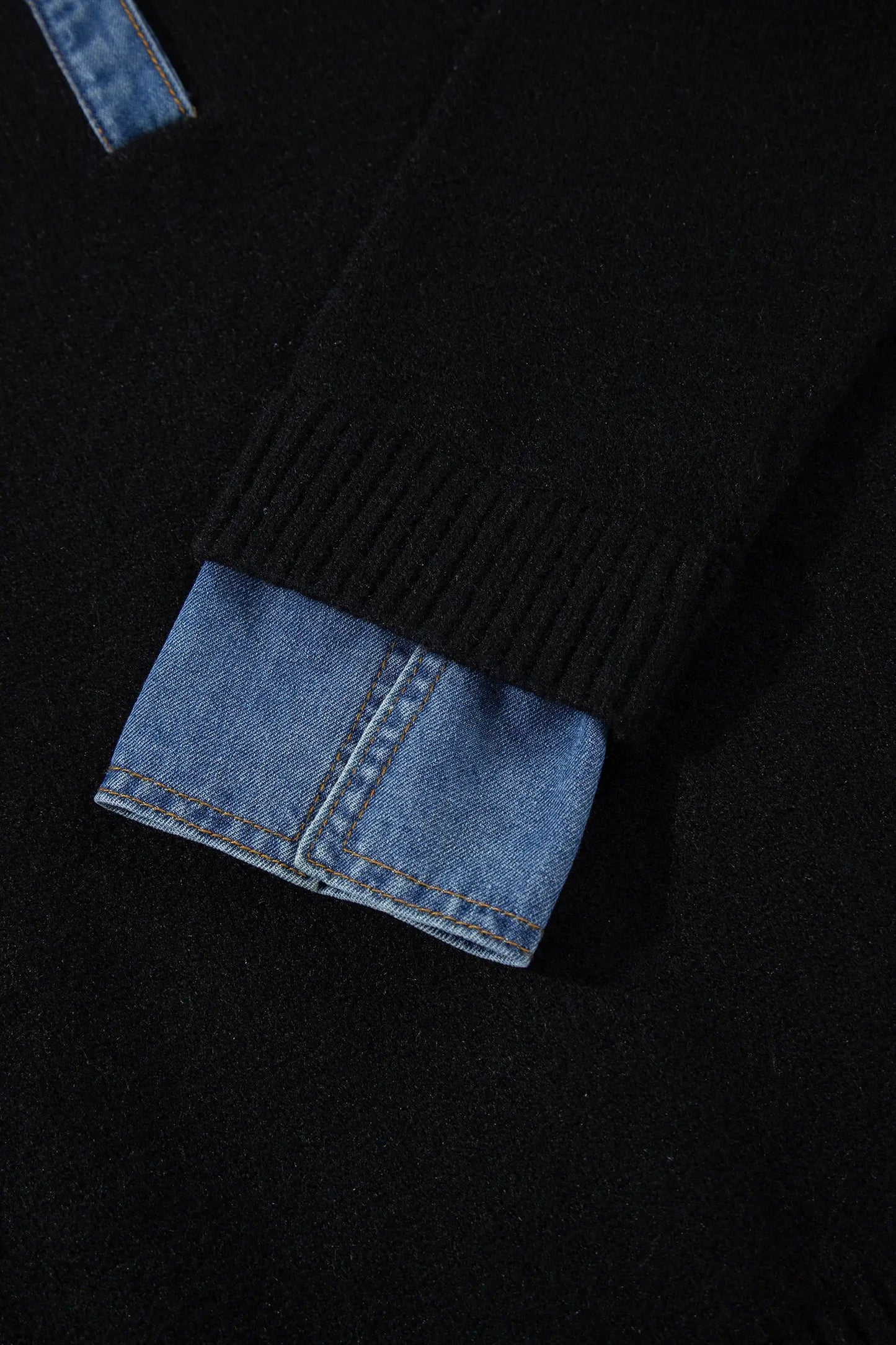 Black Denim Patchwork Collar Cuffed Casual Sweater