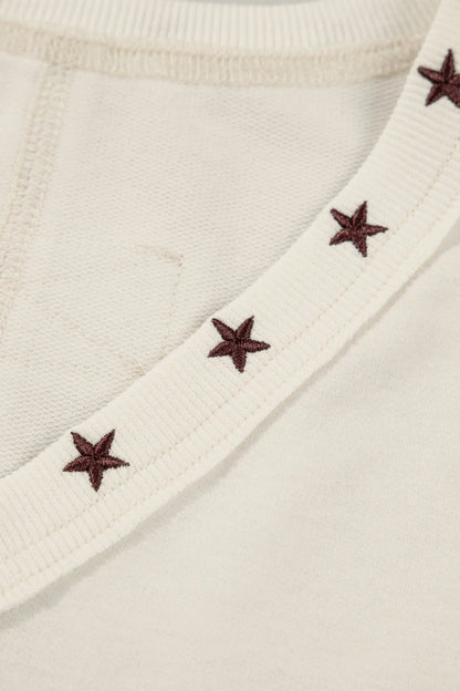 White Horseshoe Embroidered Star Trim V Neck Loose Tank Top