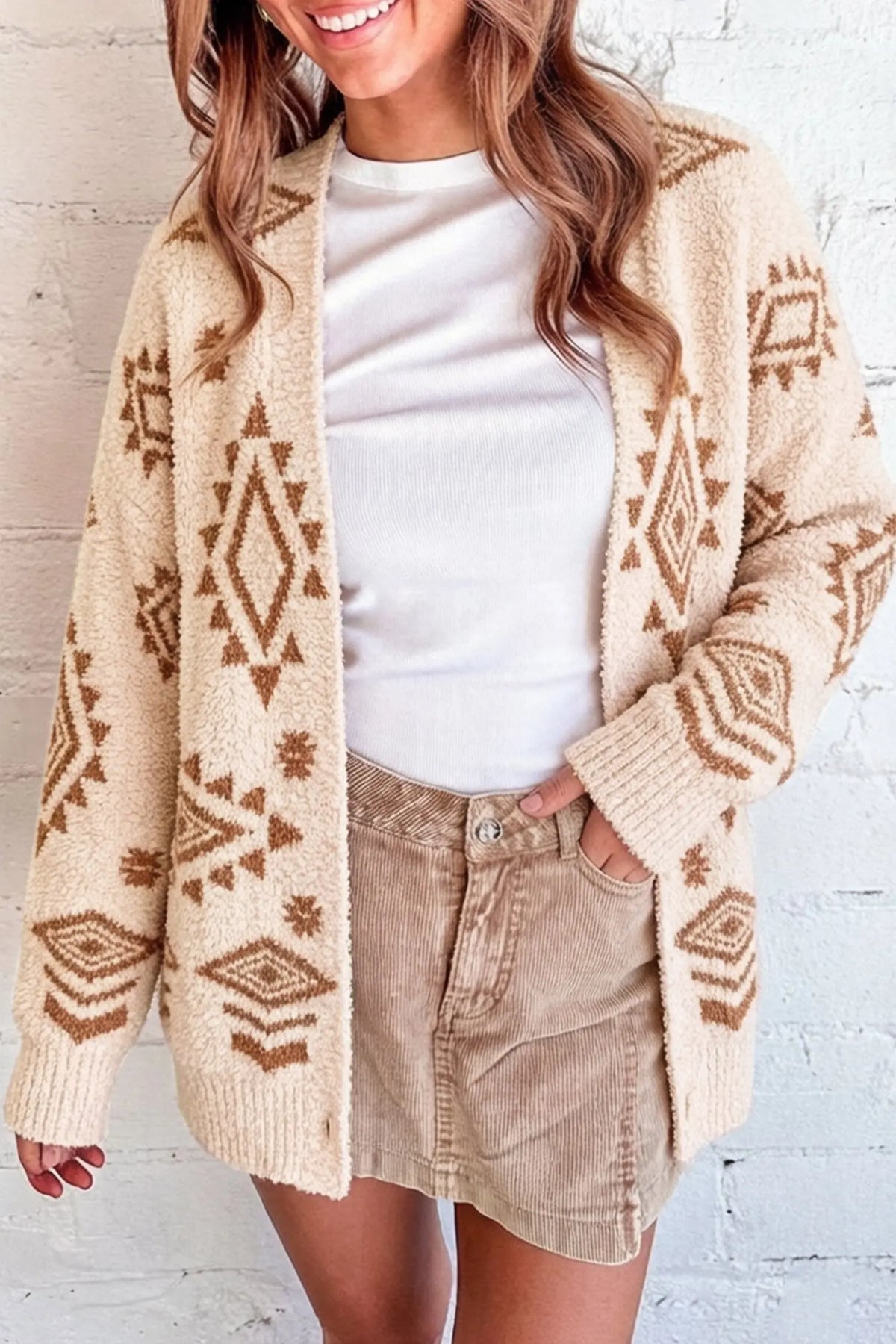 Oatmeal fuzzy Aztec print open knit sweater tunic cardigan model front view · nz-alt-v1