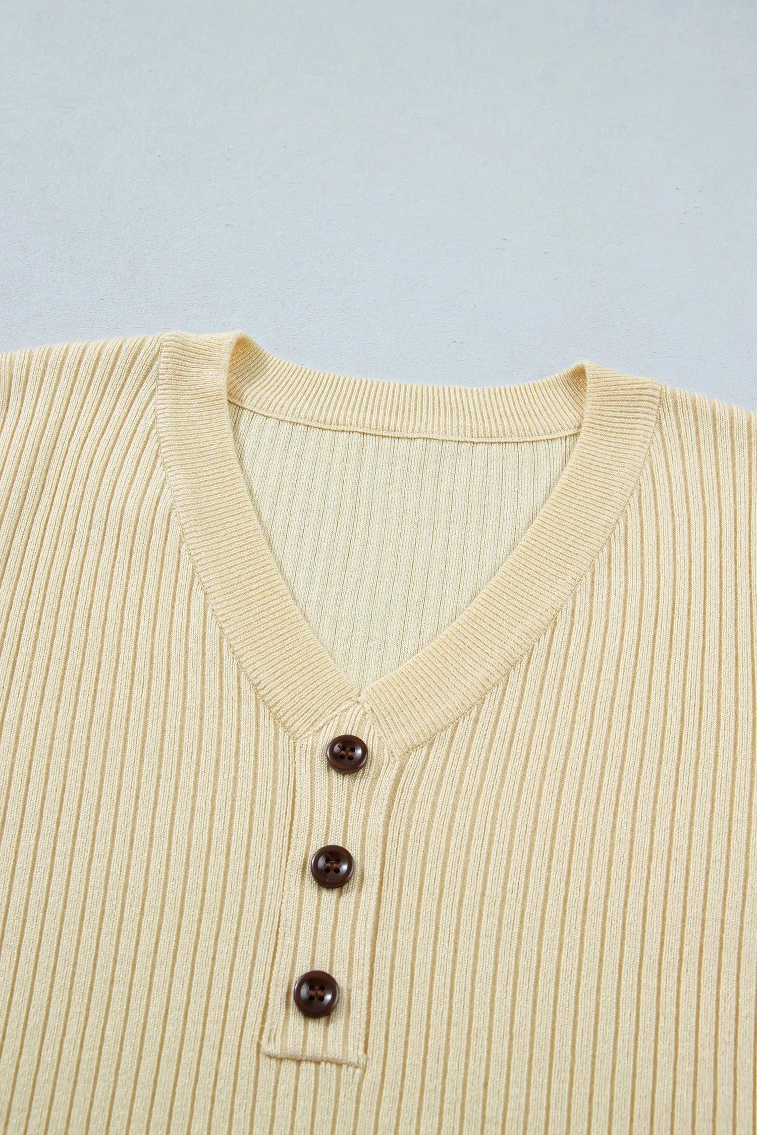 Apricot V Neck Ribbed Knit Striped Trim Short Sleeve Sweater Nataliz