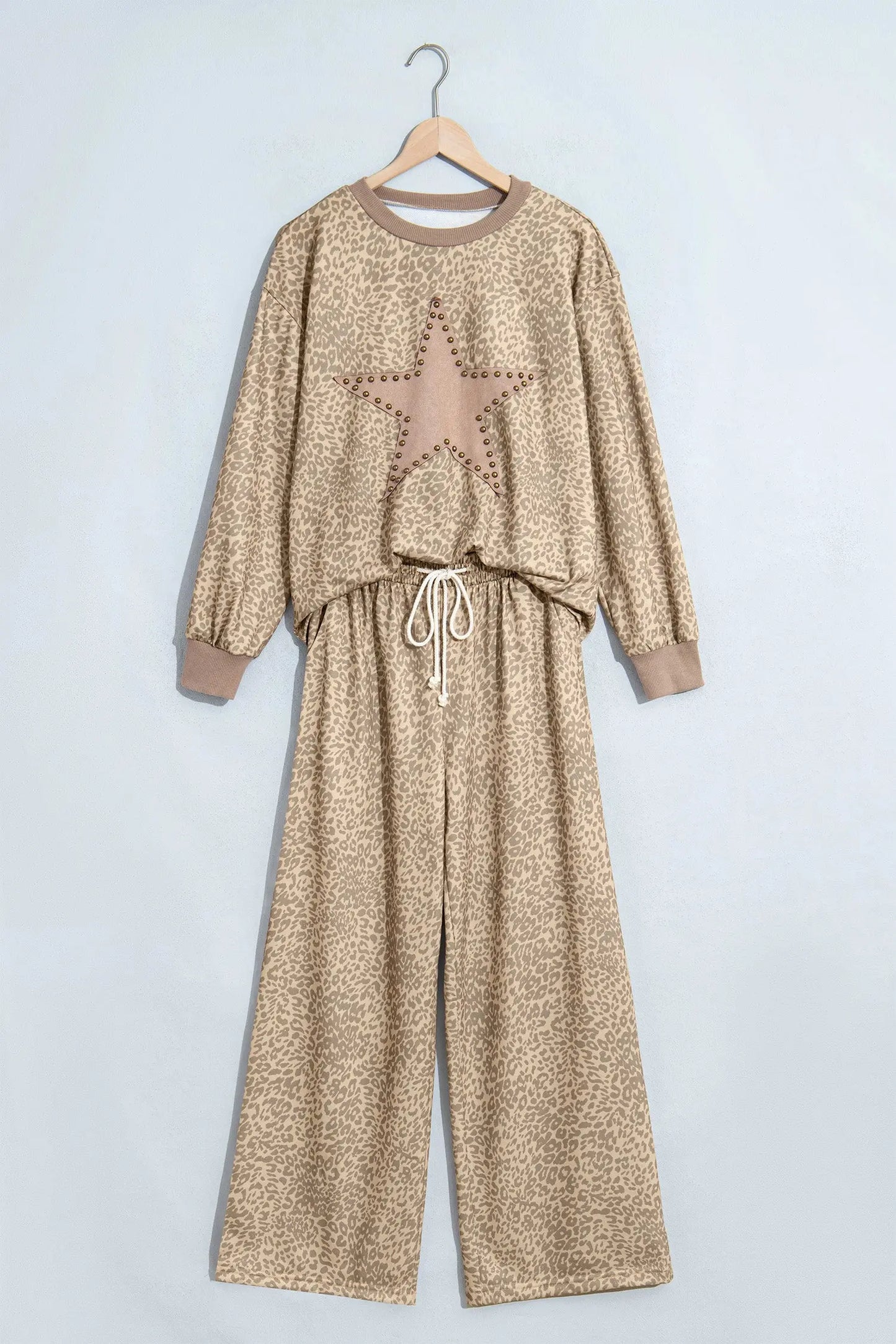 Khaki Leopard Star Print Long Sleeve Loose Casual Two Piece Pants Set