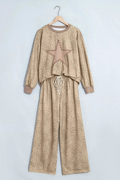 Khaki Leopard Star Print Long Sleeve Loose Casual Two Piece Pants Set