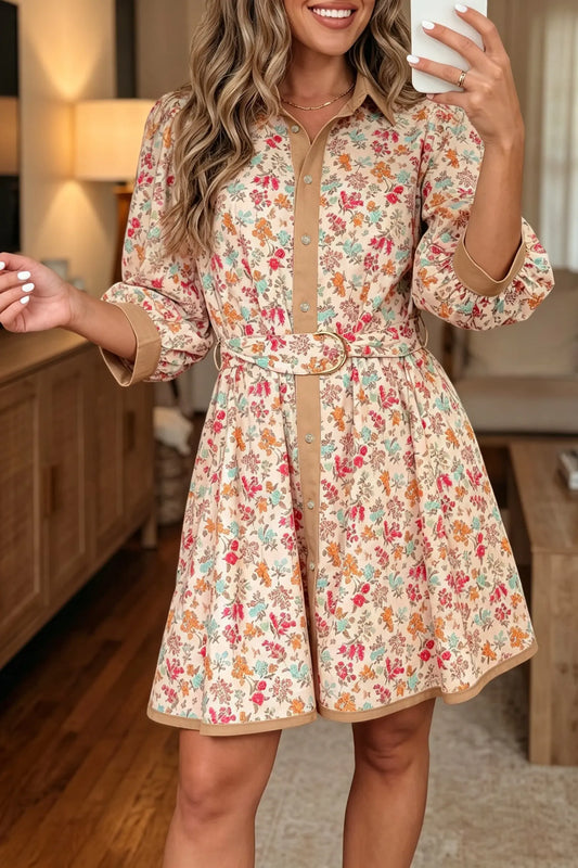 Orange Floral Print Button Down 3/4 Sleeve Belted Mini Dress model front view · nz-alt-v1