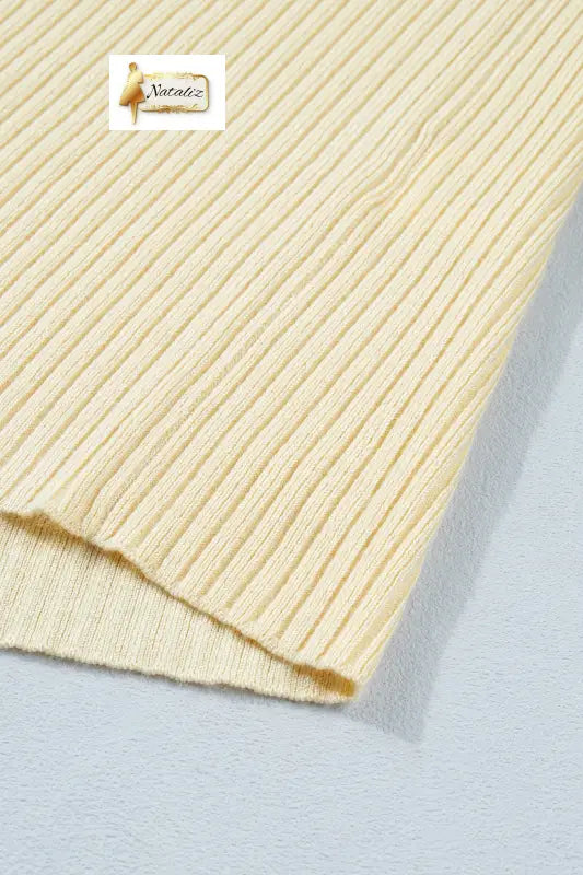 Apricot V Neck Ribbed Knit Striped Trim Short Sleeve Sweater Nataliz