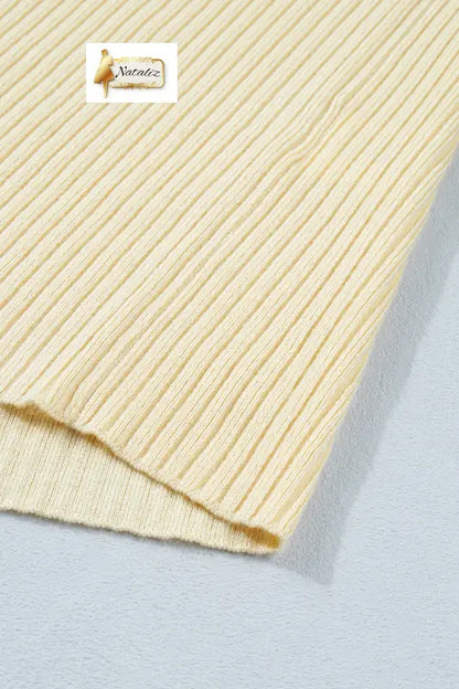 Apricot V Neck Ribbed Knit Striped Trim Short Sleeve Sweater Nataliz