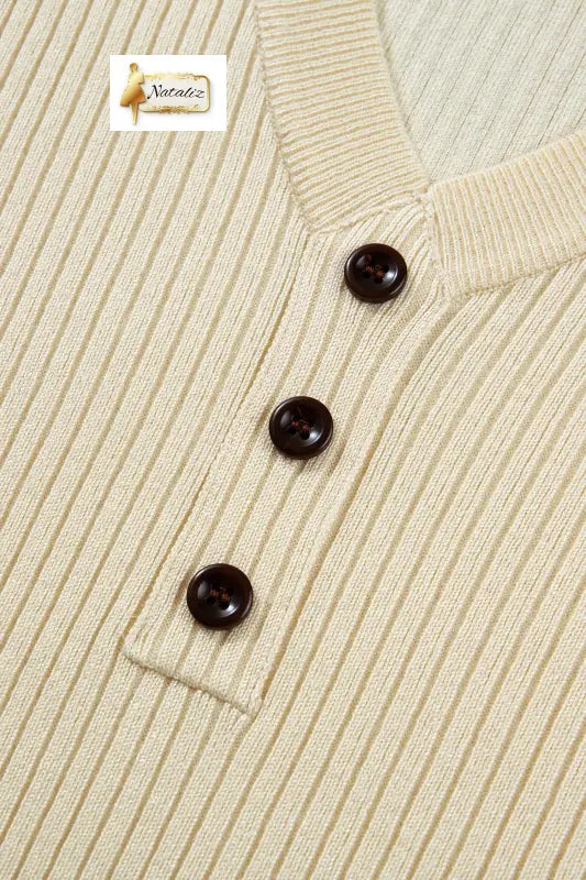 Apricot V Neck Ribbed Knit Striped Trim Short Sleeve Sweater Nataliz