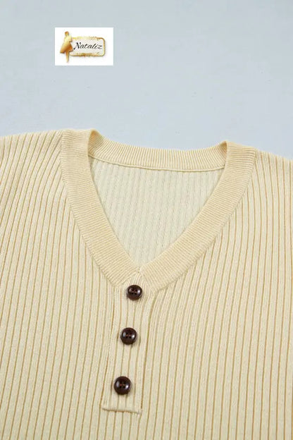 Apricot V Neck Ribbed Knit Striped Trim Short Sleeve Sweater Nataliz