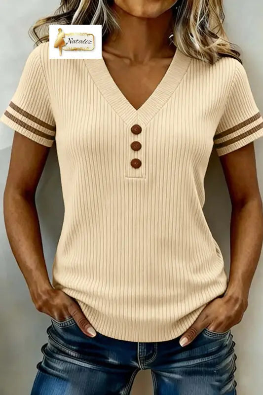 Apricot V Neck Ribbed Knit Striped Trim Short Sleeve Sweater Nataliz