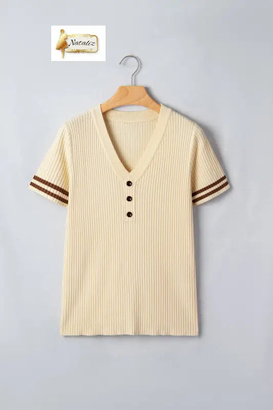 Apricot V Neck Ribbed Knit Striped Trim Short Sleeve Sweater Nataliz
