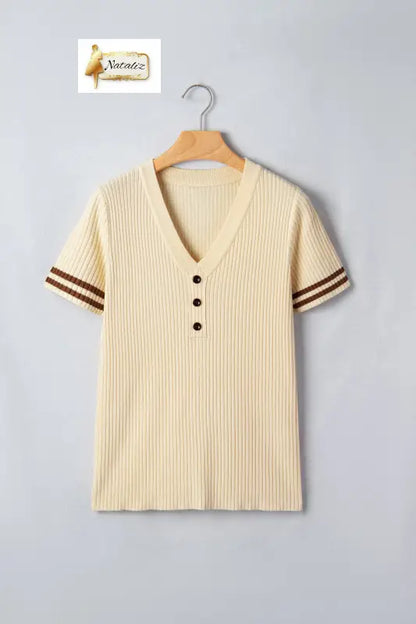 Apricot V Neck Ribbed Knit Striped Trim Short Sleeve Sweater Nataliz