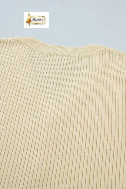 Apricot V Neck Ribbed Knit Striped Trim Short Sleeve Sweater Nataliz