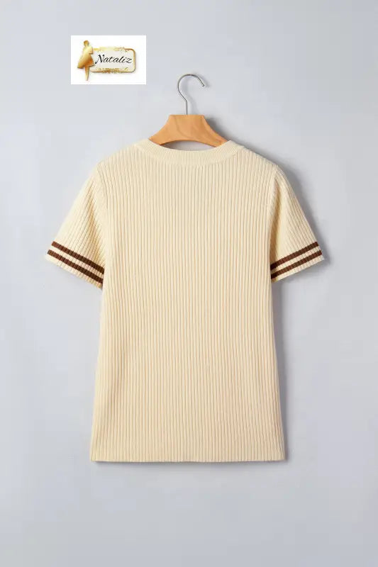 Apricot V Neck Ribbed Knit Striped Trim Short Sleeve Sweater Nataliz