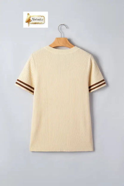 Apricot V Neck Ribbed Knit Striped Trim Short Sleeve Sweater Nataliz