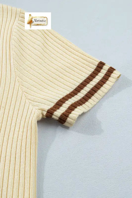 Apricot V Neck Ribbed Knit Striped Trim Short Sleeve Sweater Nataliz