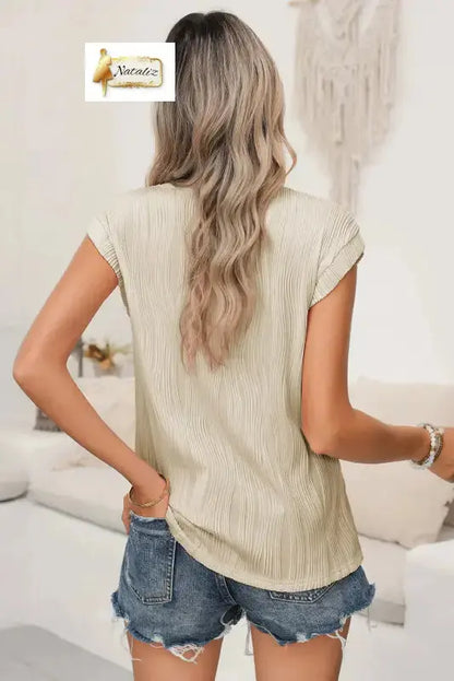 Apricot Wavy Textured Button V Neck Tee Nataliz