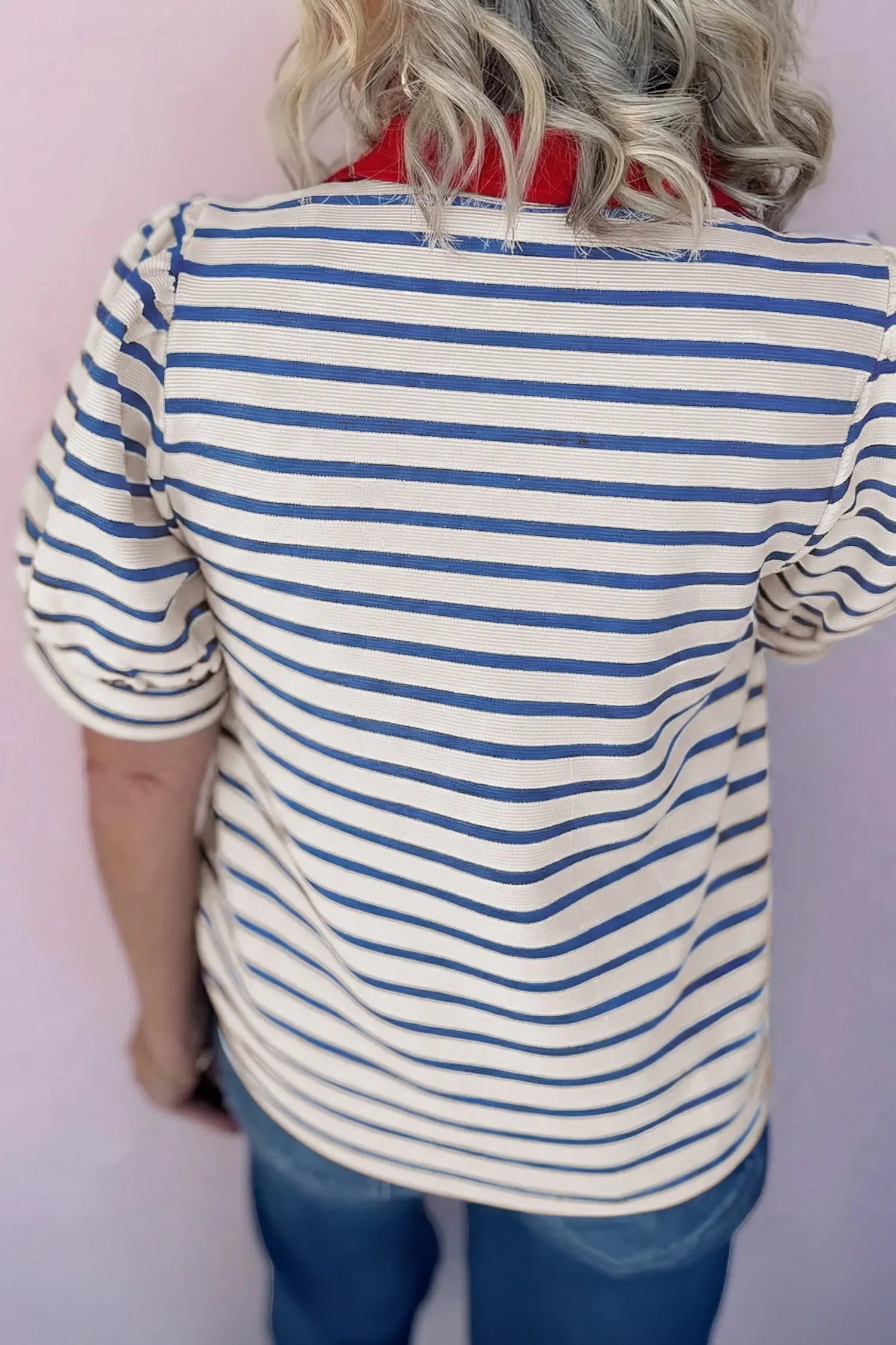 Blue Stripe Short Puff Sleeve Color Block Polo Collar Blouse Nataliz