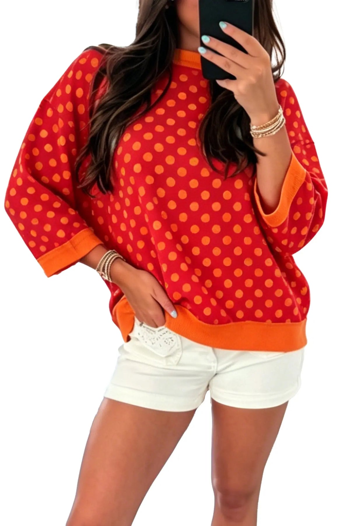 Polka Dot Print Contrast Trim Round Neck Bracelet Sleeve Top