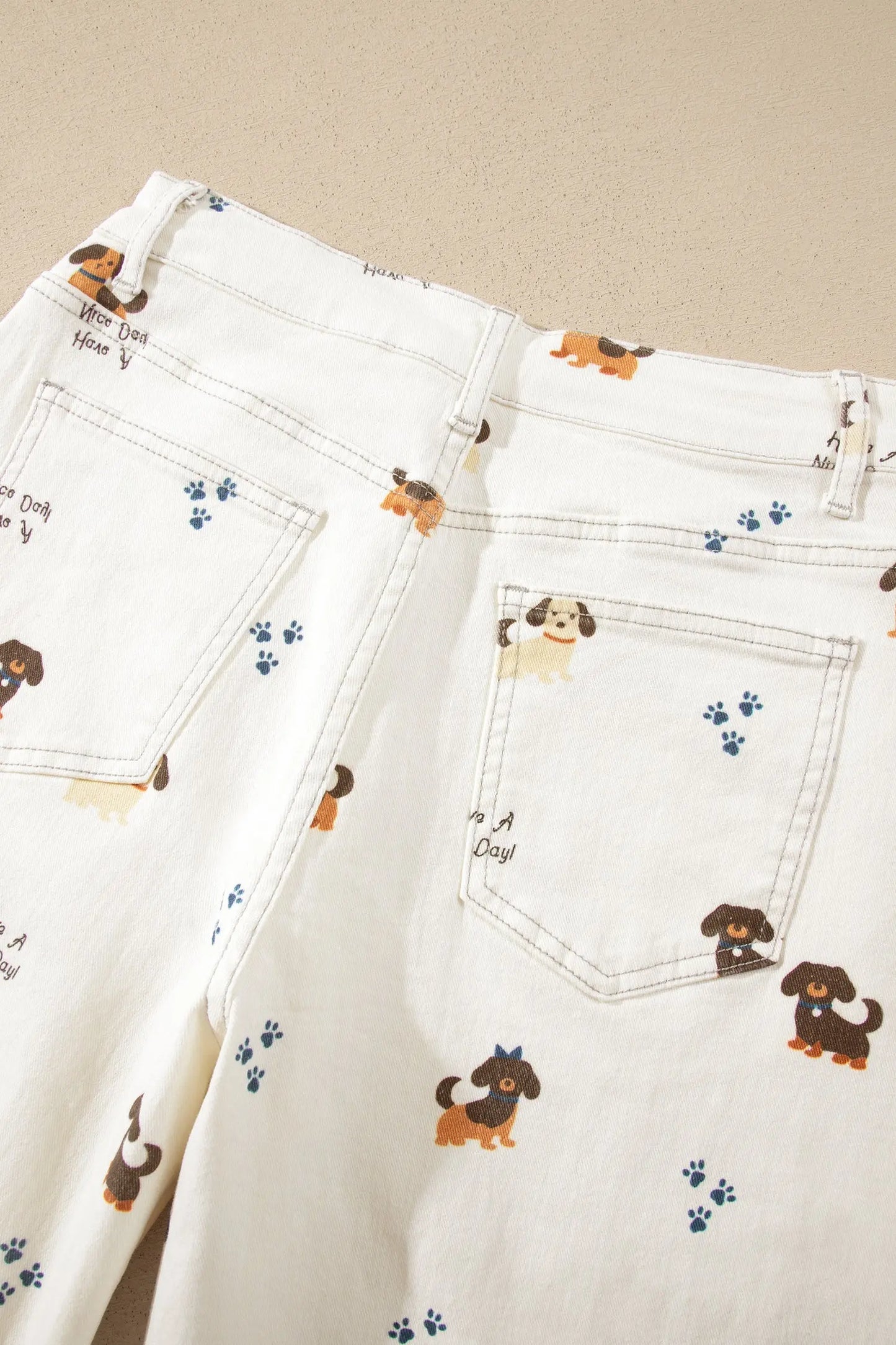 White Abstract Dog Print Wide Leg Full-Length Jeans