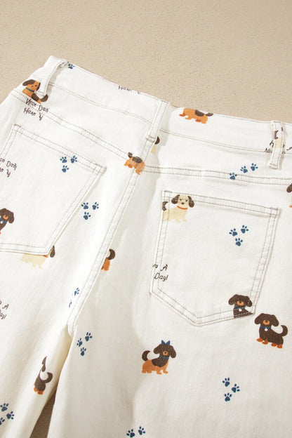 White Abstract Dog Print Wide Leg Full-Length Jeans