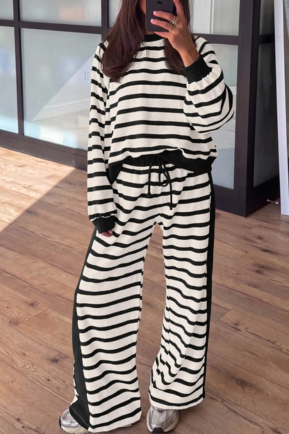 Beige Stripe Relaxed Long Sleeve Top Color Block Detail Drawstring Pant Set