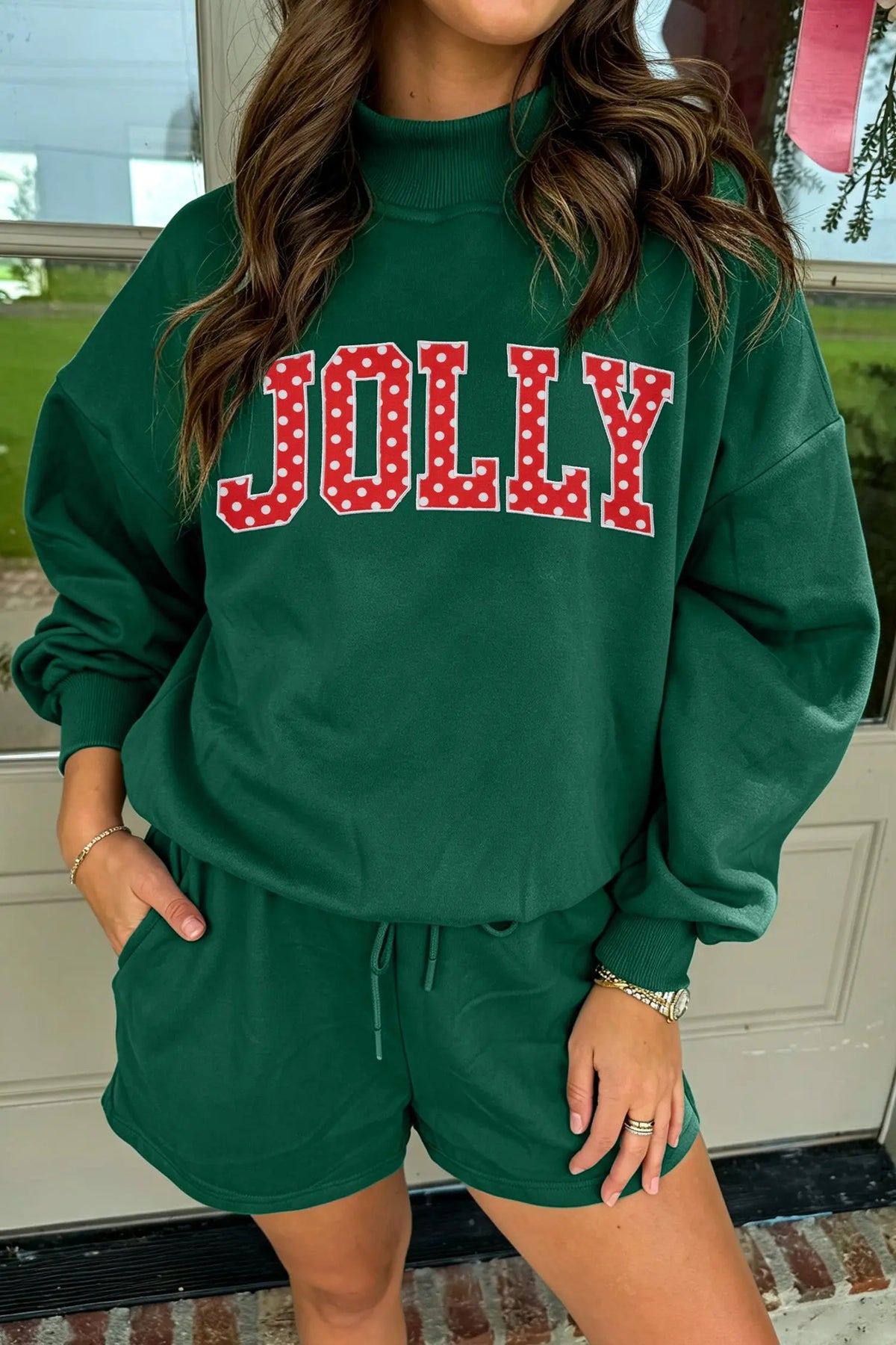 Dark Green Christmas Slogan Print Mock Neck Pullover and Shorts Set model front view · nz-alt-v1