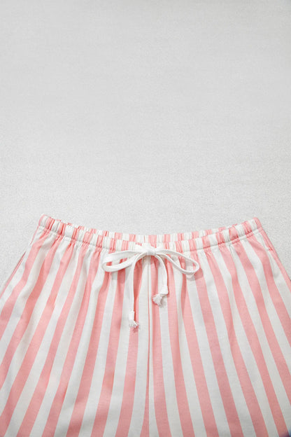 Gossamer Pink Striped Color Block Pullover Top Drawstring Shorts Set