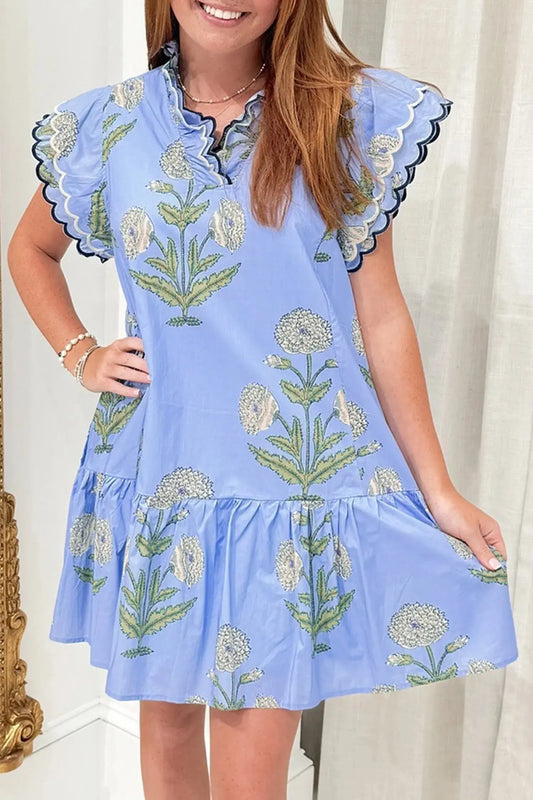 Sky Blue Wild Floral Print Scalloped Embroidery Trim V Neck Drop Waist Mini Dress - Sky Blue / S / 50% Viscose + 50%