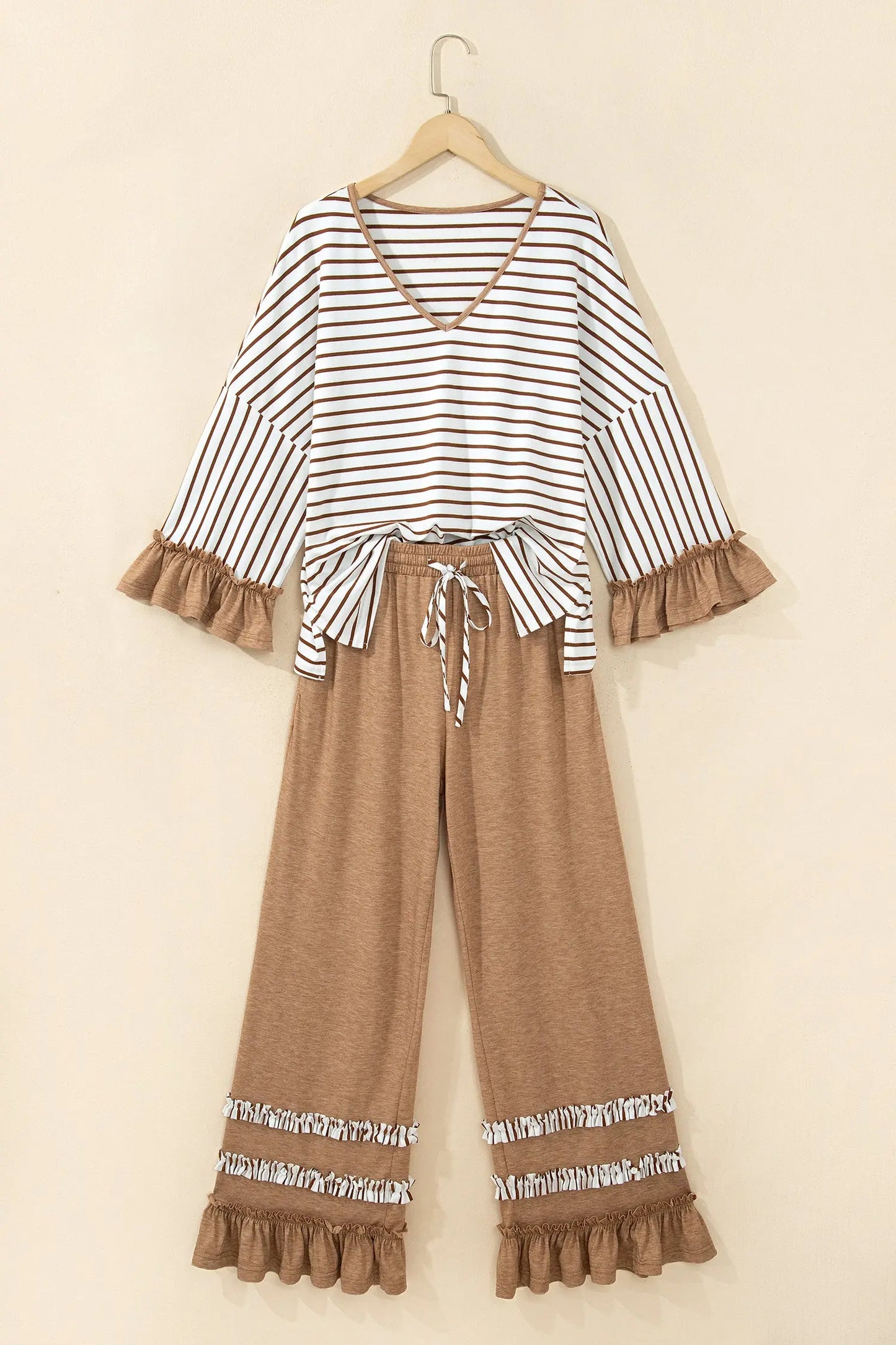 Gray Stripe V Neck Ruffle Contrast Sleeve Top Drawstring Pants 2pcs Set