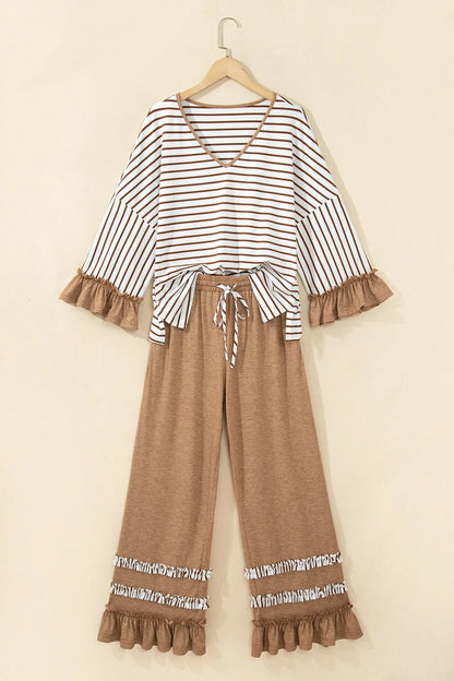 Gray Stripe V Neck Ruffle Contrast Sleeve Top Drawstring Pants 2pcs Set