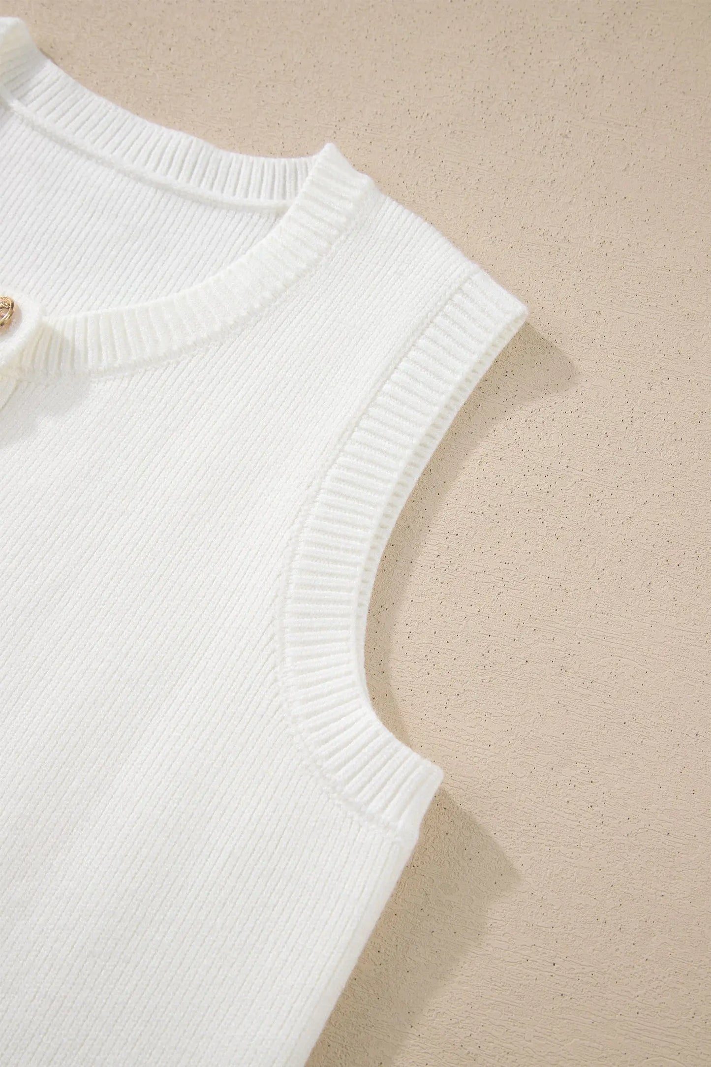 White Solid Color Sleeveless Knit Button Pocketed Sweater