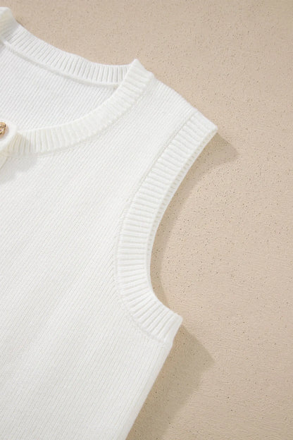 White Solid Color Sleeveless Knit Button Pocketed Sweater