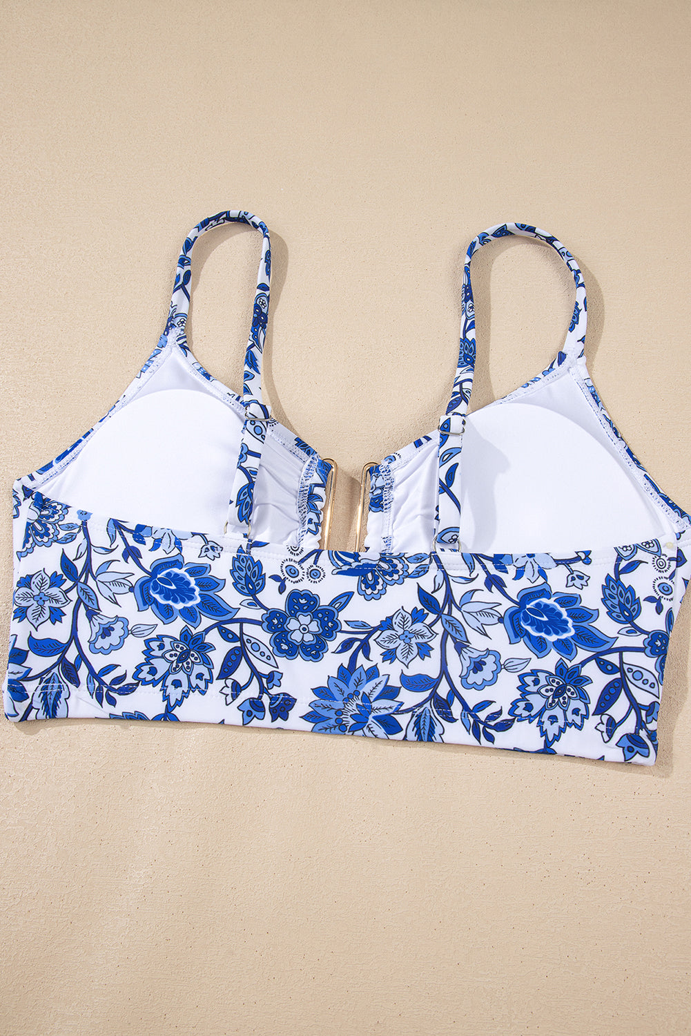 Blue Floral Print Hardware Accent Notched Neck High Waist Bikini Set