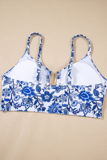 Blue Floral Print Hardware Accent Notched Neck High Waist Bikini Set