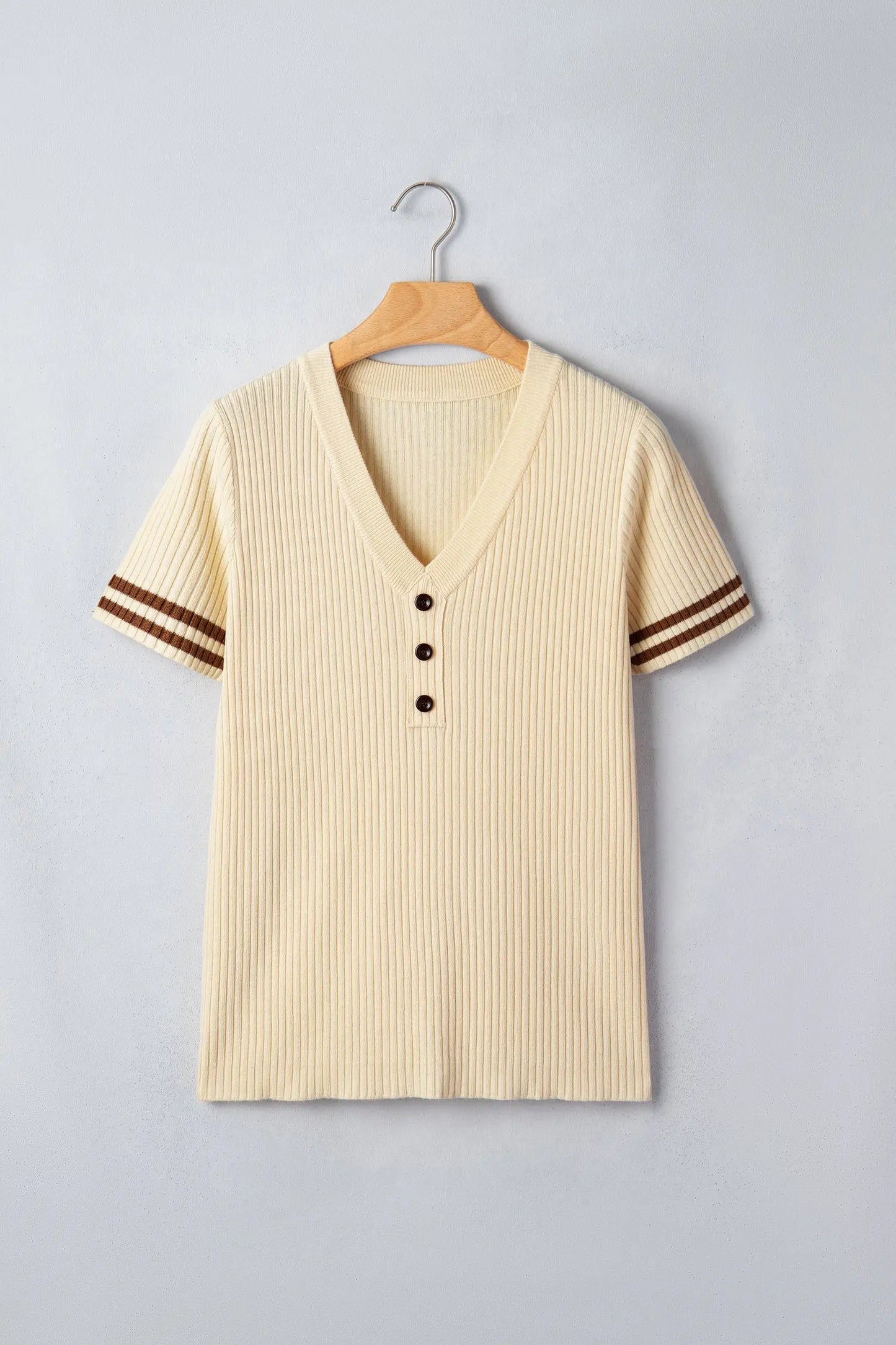 Apricot V Neck Ribbed Knit Striped Trim Short Sleeve Sweater Nataliz
