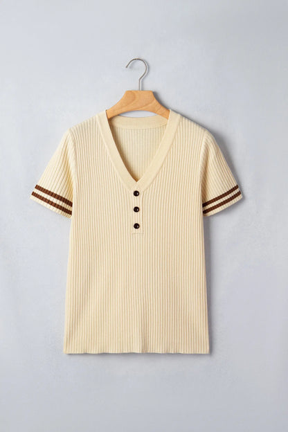 Apricot V Neck Ribbed Knit Striped Trim Short Sleeve Sweater Nataliz