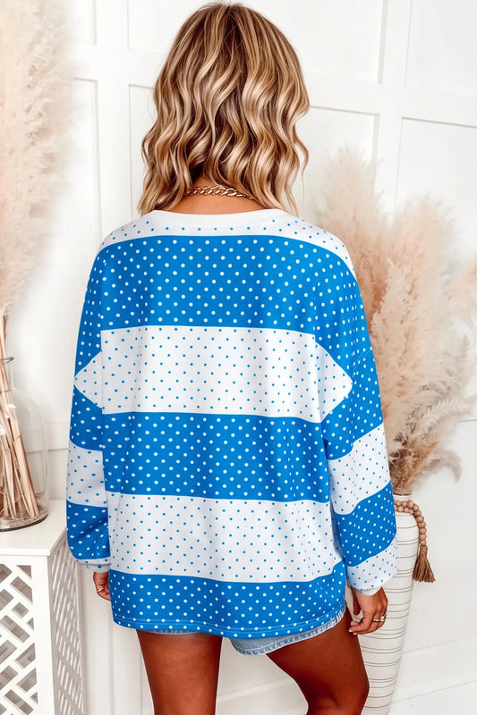 Blue Polka Dot Patchwork Colorblock Long Sleeve Top model back view · nz-alt-v1