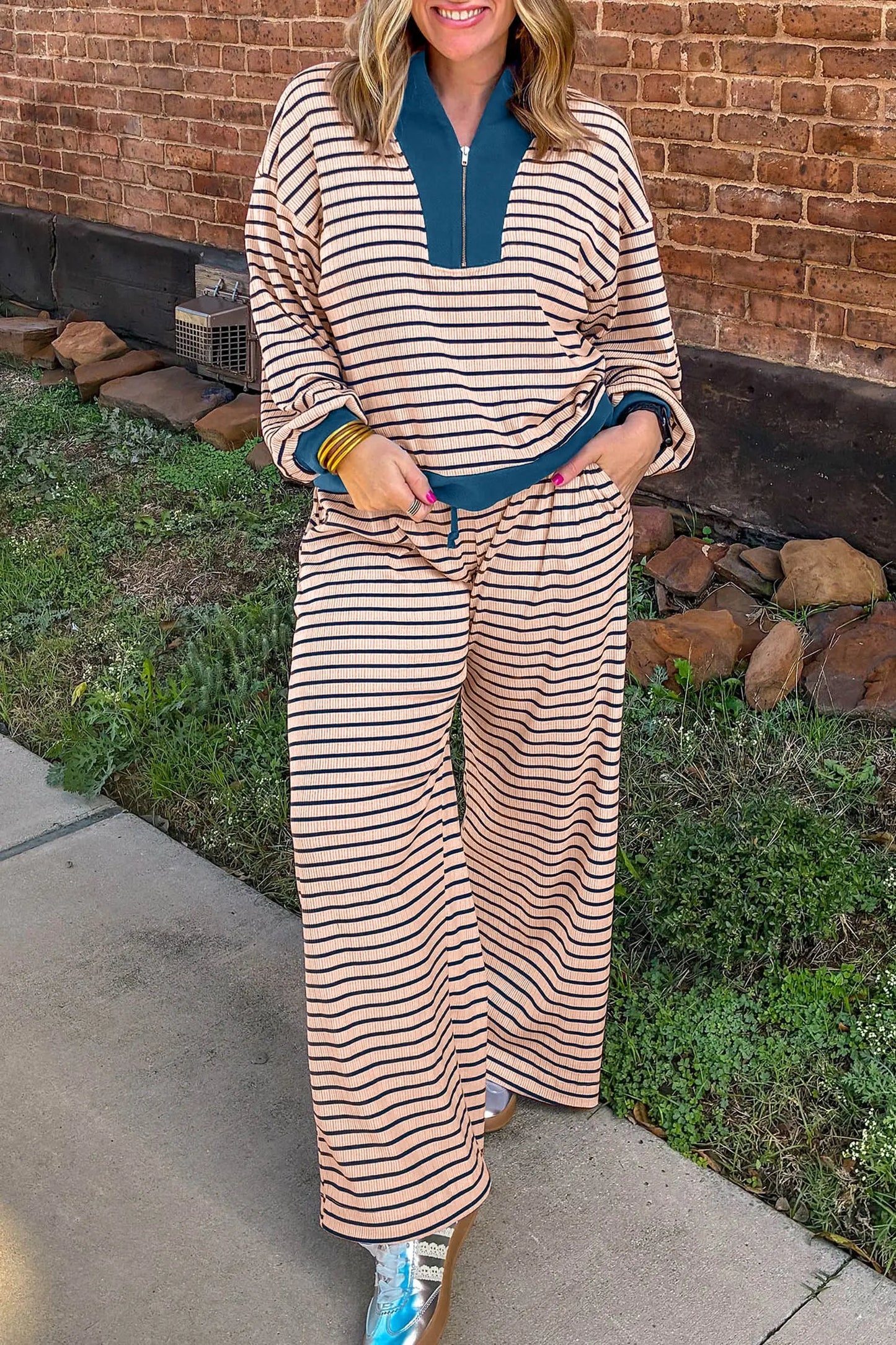 Pink Stripe Striped Colorblock V Neck Long Sleeve Plus Size Set