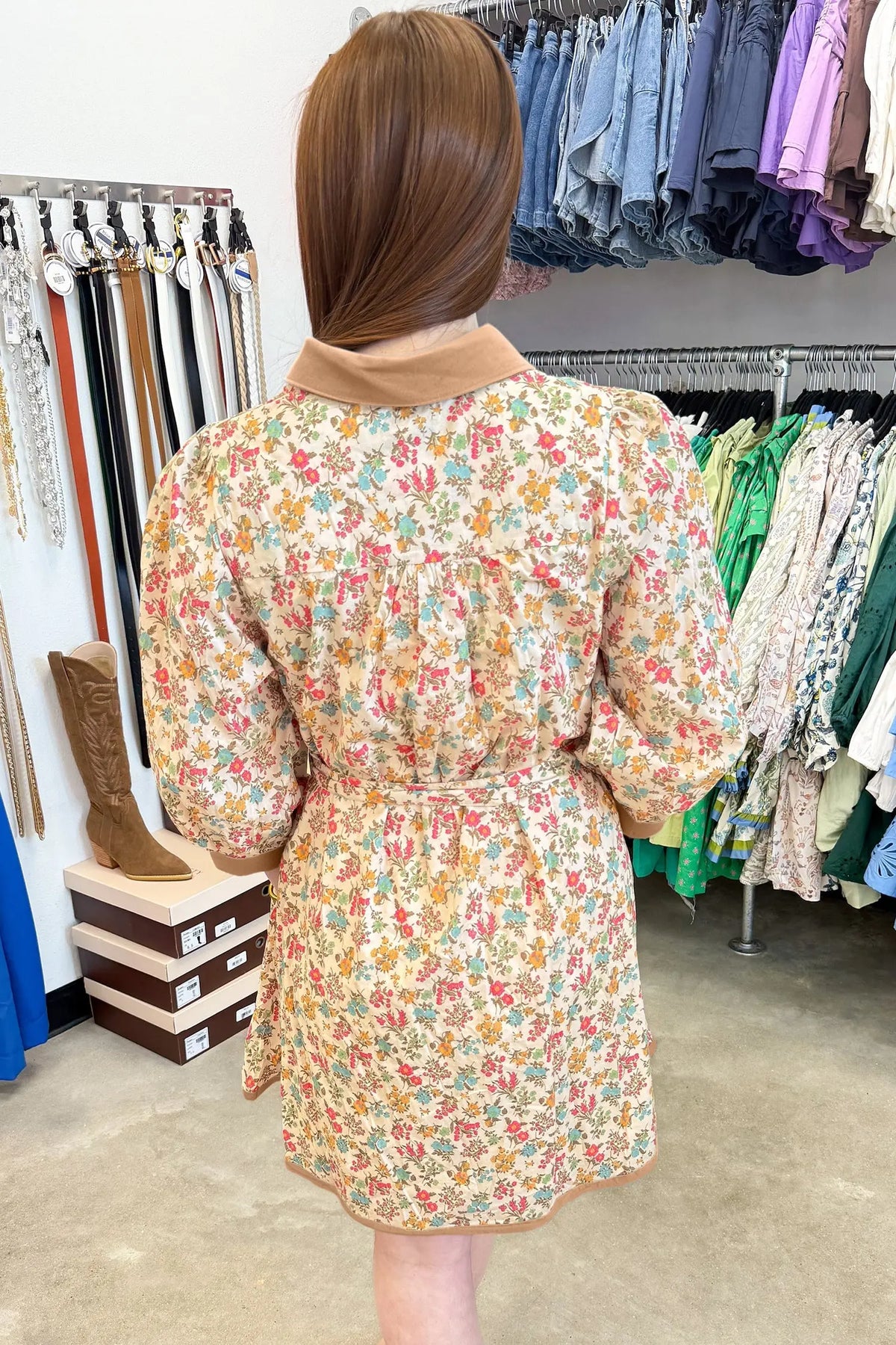 Orange Floral Print Button Down 3/4 Sleeve Belted Mini Dress model back view · nz-alt-v1