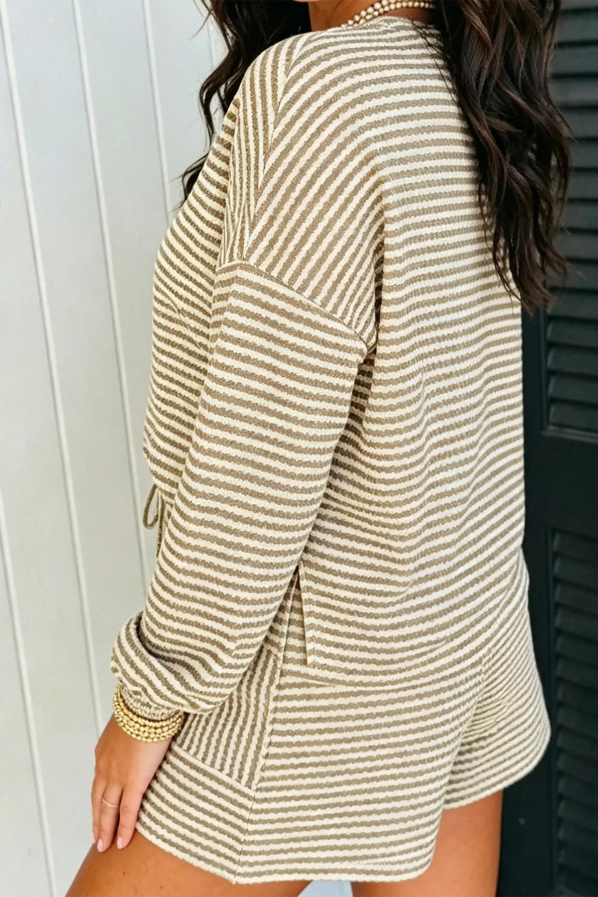 Stripe textured knit long sleeve top and elastic waist shorts set light brown side view · nz-alt-v1
