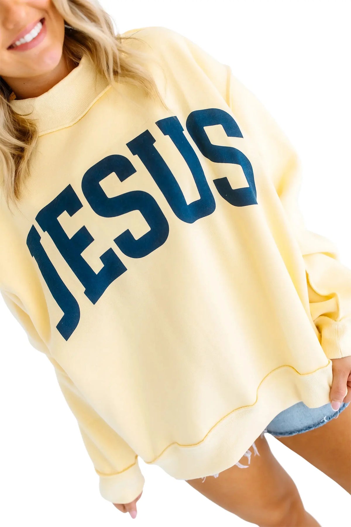 Yellow Jesus slogan stand neck oversized tunic plus size sweatshirt model front view · nz-alt-v1
