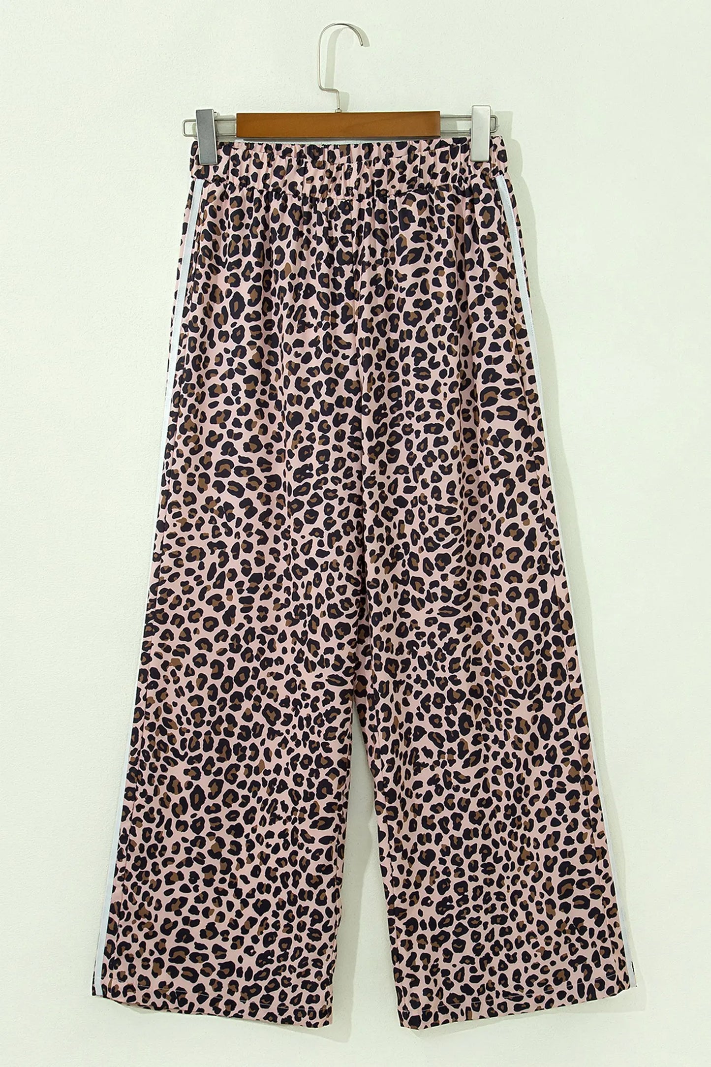 Beige Leopard Print Side Striped Detail Casual Wide Leg Pants