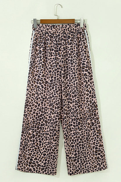 Beige Leopard Print Side Striped Detail Casual Wide Leg Pants