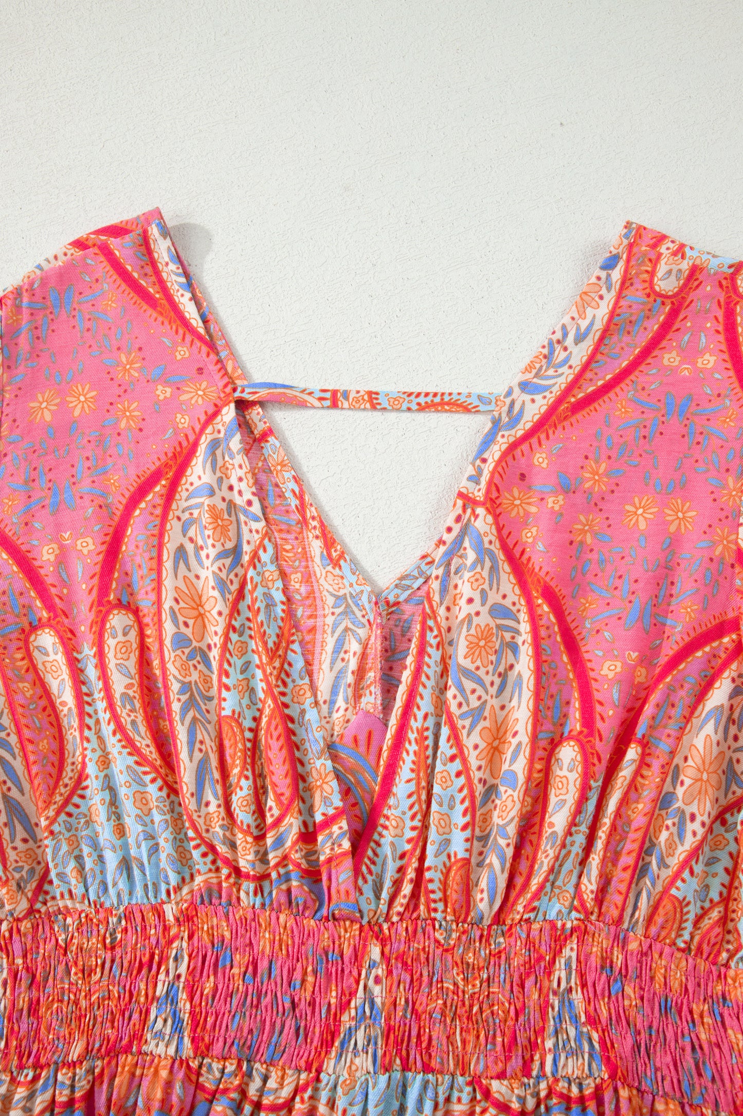 Multicolour Paisley Print V-Neck Short Sleeve Boho Maxi Dress with Ruffle Details