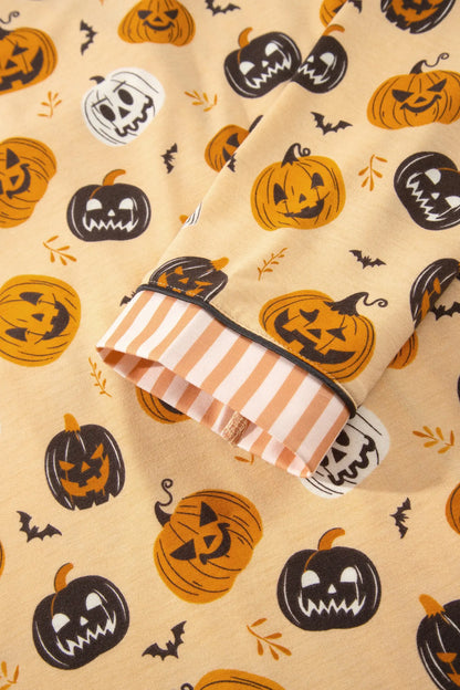 Orange Halloween Pumpkin Print Two Piece Long Sleeve Lounge Set