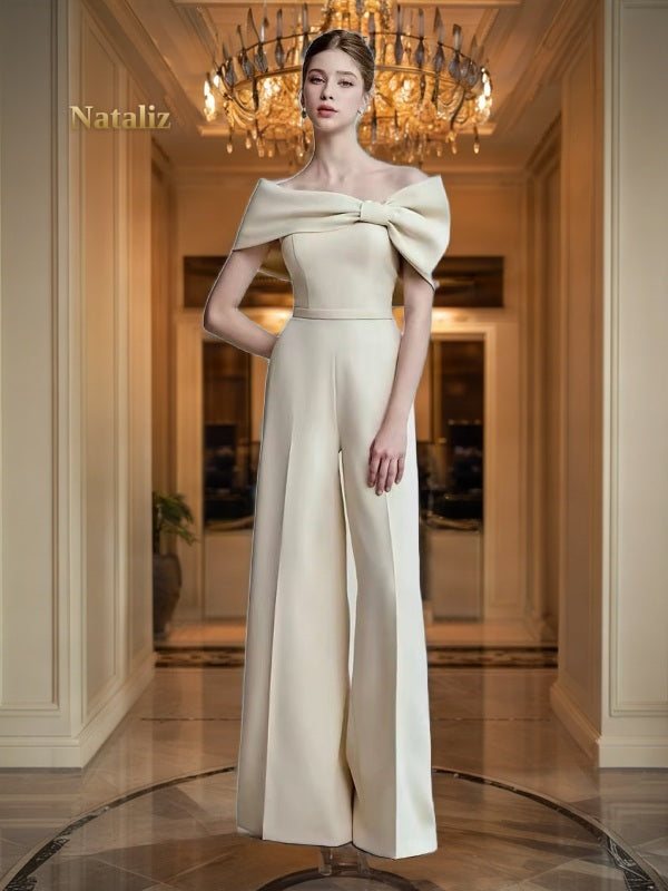 Off-Shoulder Bow Wide-Leg Jumpsuit in Champagne model front view