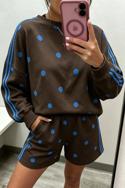 Brown Polka Dot Print Varsity Striped Long Sleeve Top Short Set model front view · nz-alt-v1
